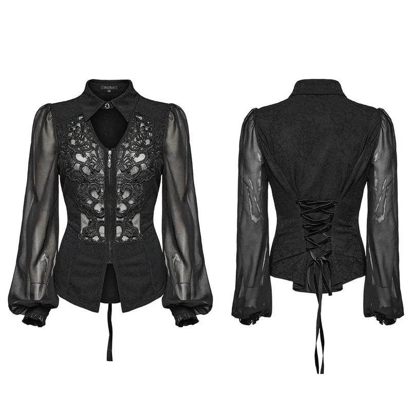 Gothic Chiffon-Hemd mit tiefen Puffärmeln für Damen