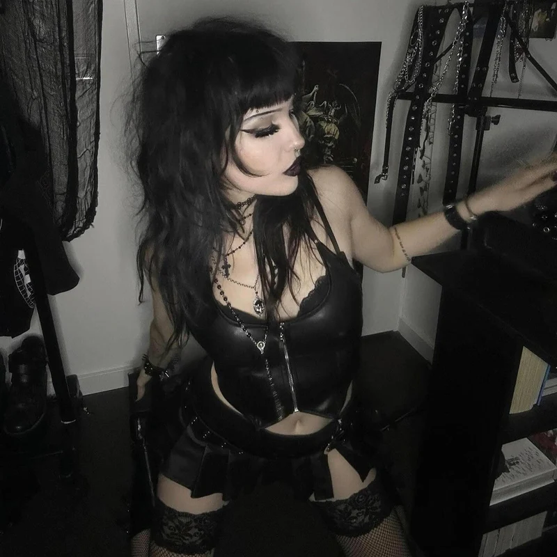 Damen Punk Reißverschluss Neckholder Kunstleder Bustier