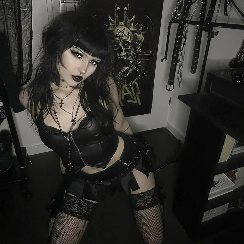 Damen Punk Reißverschluss Neckholder Kunstleder Bustier