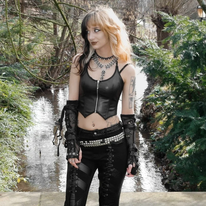 Damen Punk Reißverschluss Neckholder Kunstleder Bustier