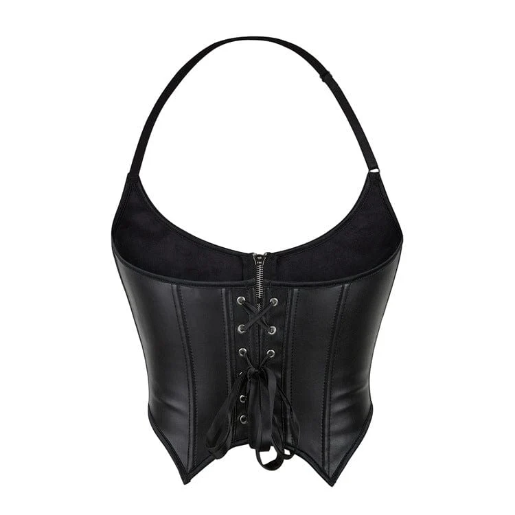 Damen Punk Reißverschluss Neckholder Kunstleder Bustier