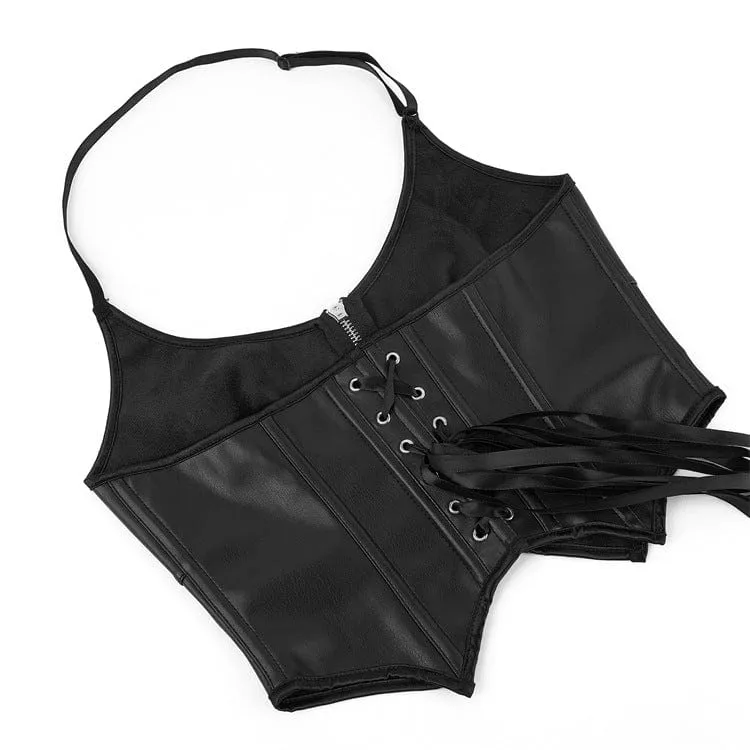 Damen Punk Reißverschluss Neckholder Kunstleder Bustier