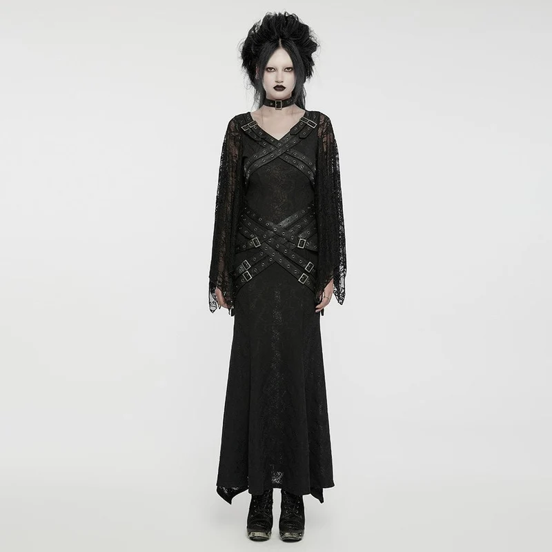 Gothic-Partykleid für Damen mit Spitzenärmeln, Schnallenriemen und Spleiß