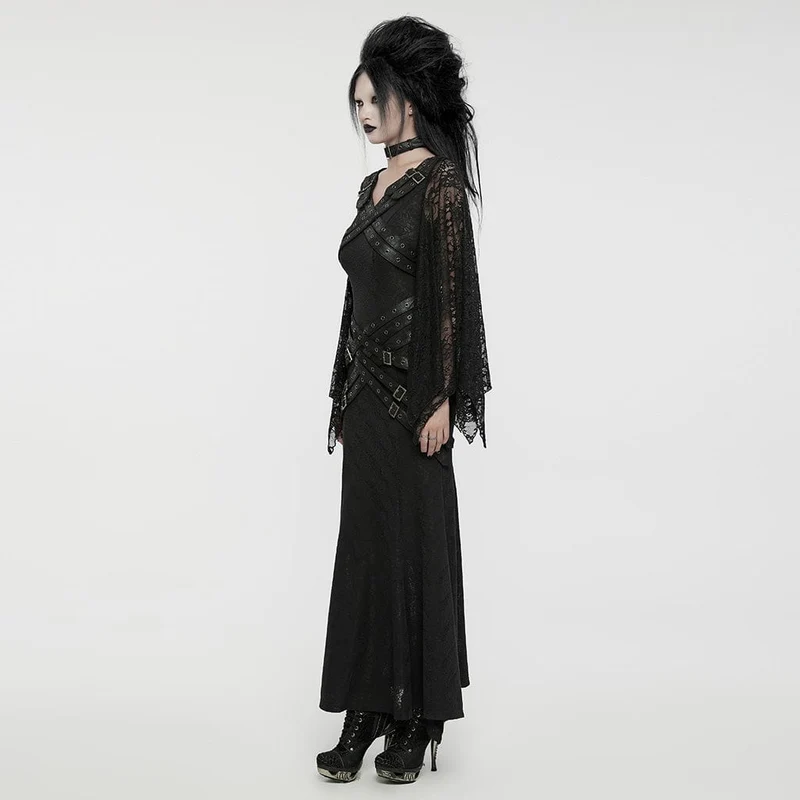 Gothic-Partykleid für Damen mit Spitzenärmeln, Schnallenriemen und Spleiß