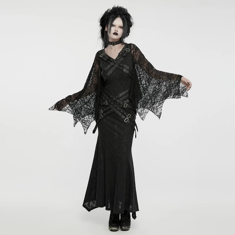 Gothic-Partykleid für Damen mit Spitzenärmeln, Schnallenriemen und Spleiß