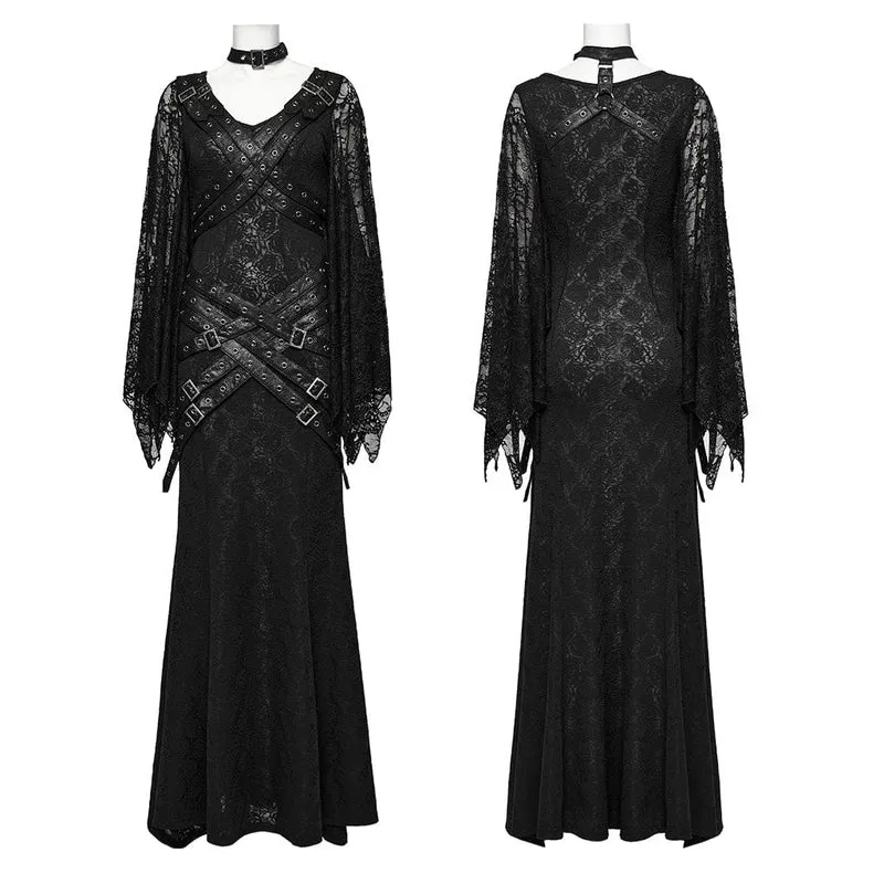 Gothic-Partykleid für Damen mit Spitzenärmeln, Schnallenriemen und Spleiß
