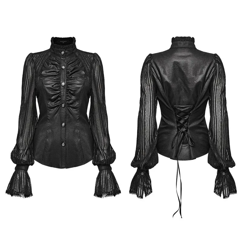Gothic-Damenhemd mit Stehkragen und gerafftem Mesh-Einsatz