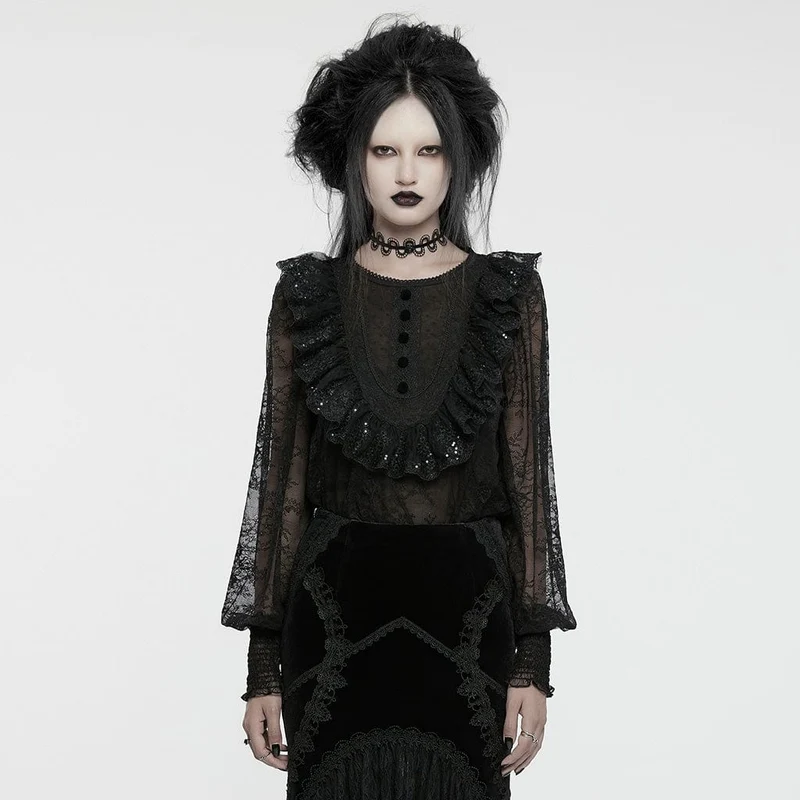 Gothic-Hemd mit Laternenärmeln und Rüschenspitze für Damen