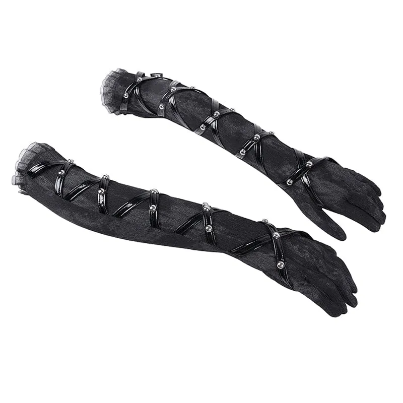 Gothic-Armstulpen aus Kunstleder mit gekreuztem Netzgewebe für Damen