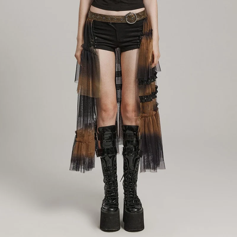 Langer Überrock aus Gothic-Netzstoff mit Schnalle und Rüschen für Damen, Schwarz-Kaffee