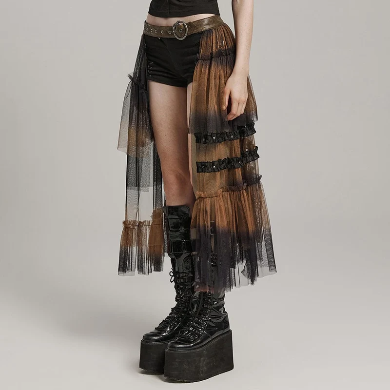 Langer Überrock aus Gothic-Netzstoff mit Schnalle und Rüschen für Damen, Schwarz-Kaffee