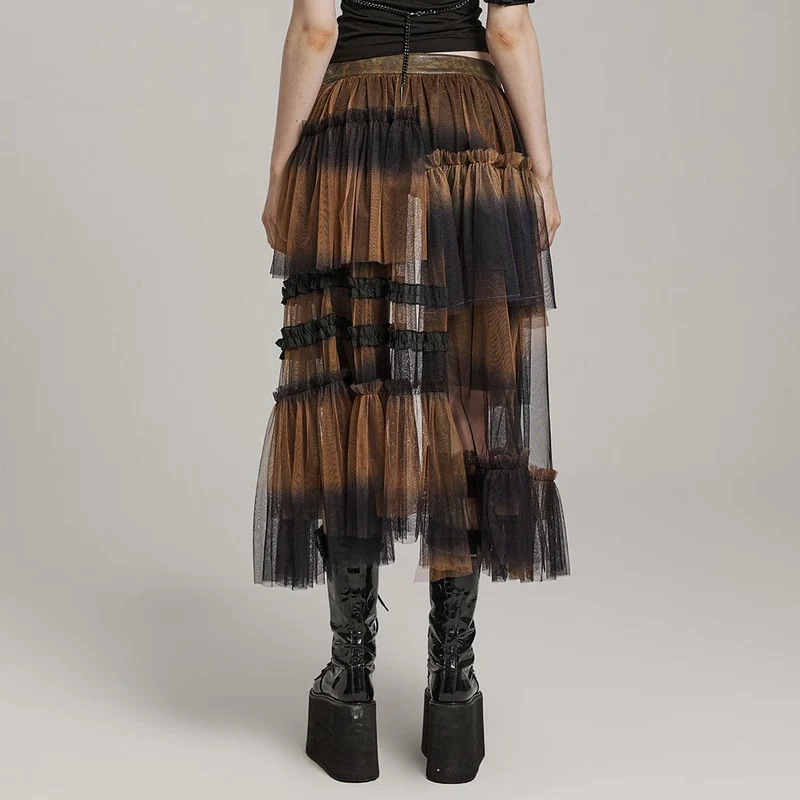 Langer Überrock aus Gothic-Netzstoff mit Schnalle und Rüschen für Damen, Schwarz-Kaffee