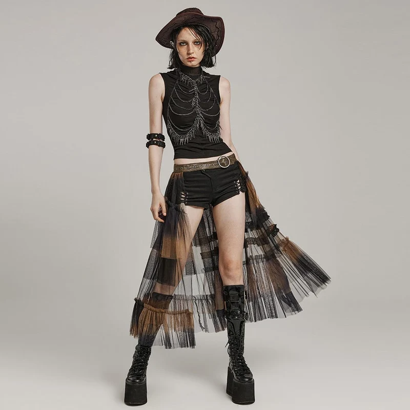 Langer Überrock aus Gothic-Netzstoff mit Schnalle und Rüschen für Damen, Schwarz-Kaffee