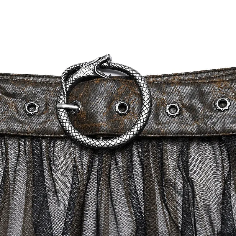 Langer Überrock aus Gothic-Netzstoff mit Schnalle und Rüschen für Damen, Schwarz-Kaffee