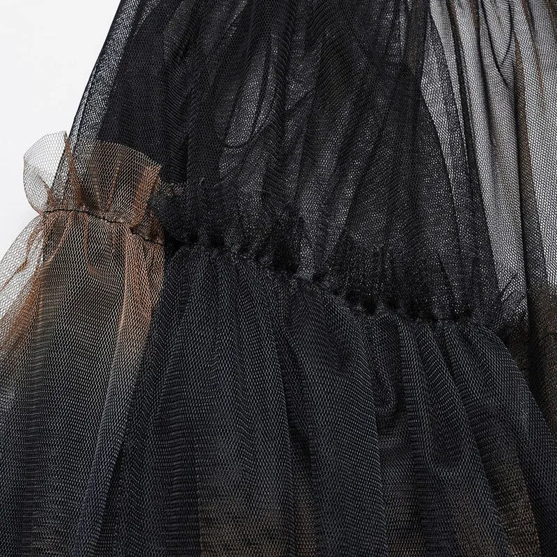 Langer Überrock aus Gothic-Netzstoff mit Schnalle und Rüschen für Damen, Schwarz-Kaffee