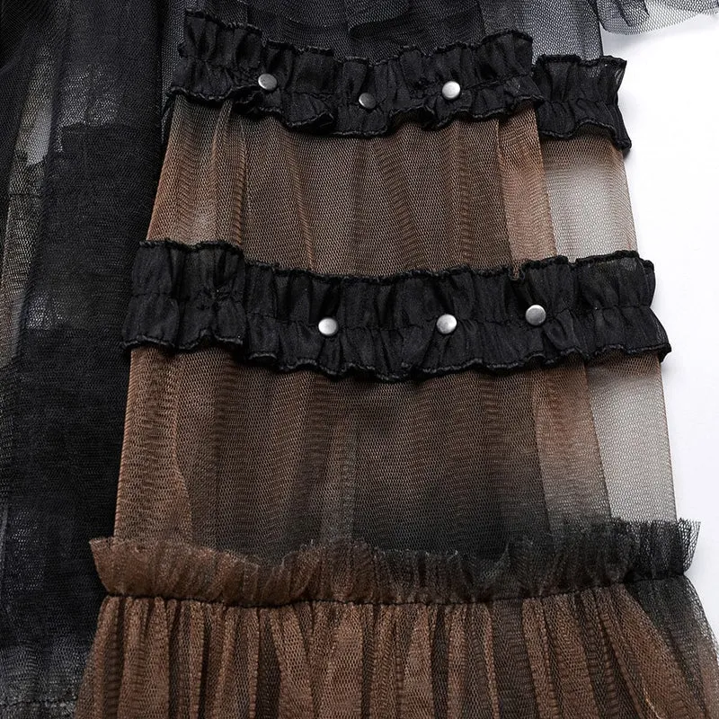 Langer Überrock aus Gothic-Netzstoff mit Schnalle und Rüschen für Damen, Schwarz-Kaffee