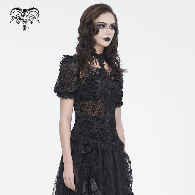 Damen-Gothic-Hemd mit Puffärmeln und beflocktem Netzstoff