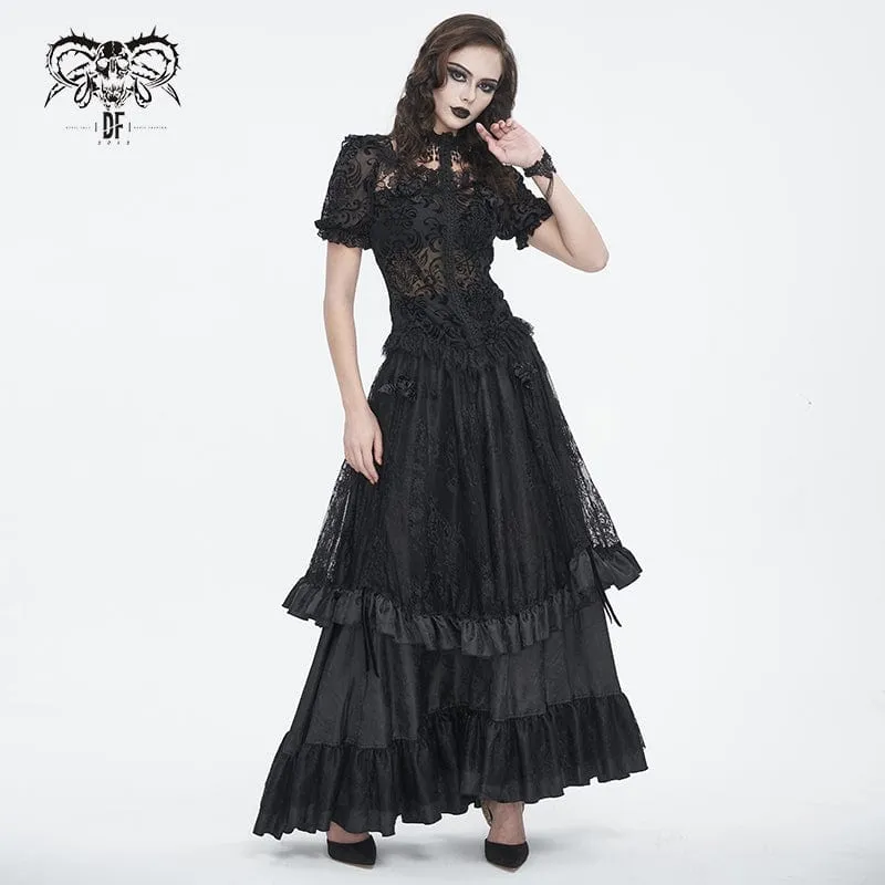 Damen-Gothic-Hemd mit Puffärmeln und beflocktem Netzstoff