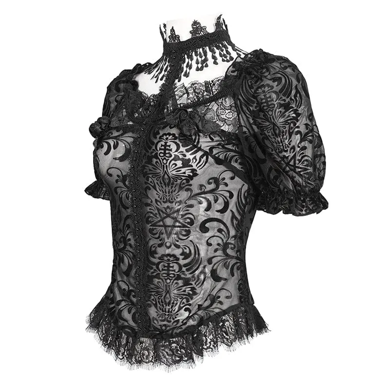Damen-Gothic-Hemd mit Puffärmeln und beflocktem Netzstoff