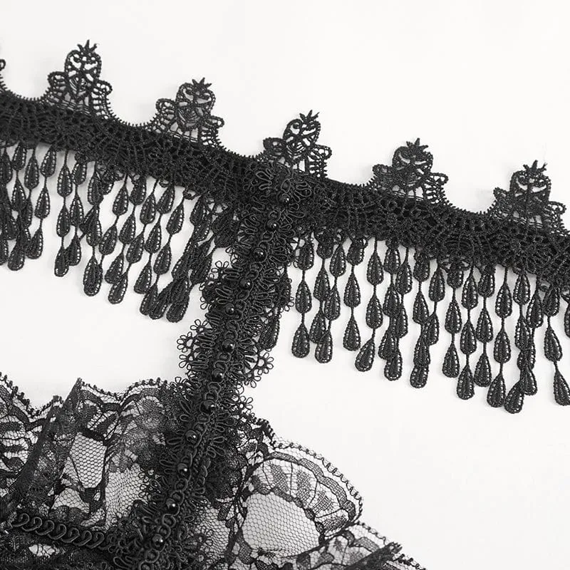 Damen-Gothic-Hemd mit Puffärmeln und beflocktem Netzstoff