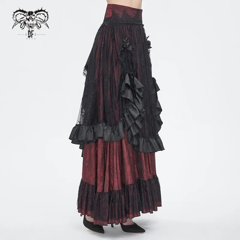 Gothic-Rock aus roter Spitze mit Kordelzug und Rüschen für Damen