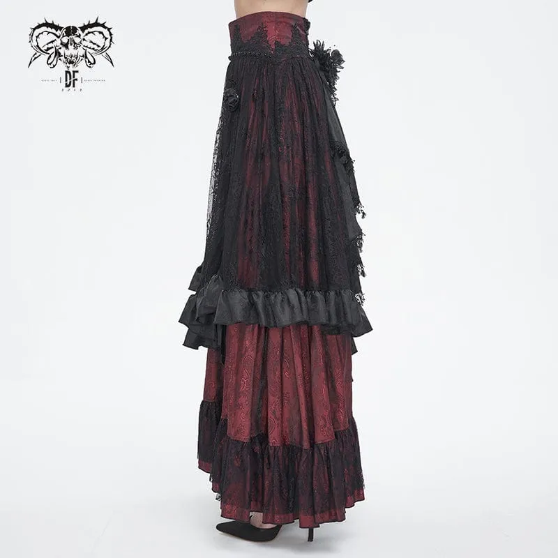 Gothic-Rock aus roter Spitze mit Kordelzug und Rüschen für Damen