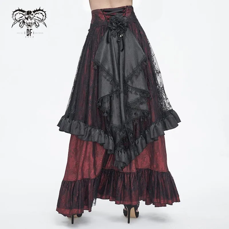 Gothic-Rock aus roter Spitze mit Kordelzug und Rüschen für Damen