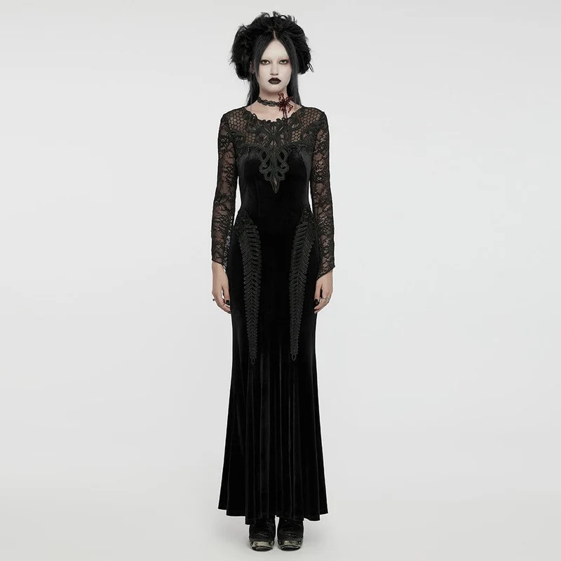 Schwarzes, gotisches Samtkleid mit Spitzeneinsatz und Meerjungfrauenschnitt für Damen, ideal für Abschlussball und Hochzeit.