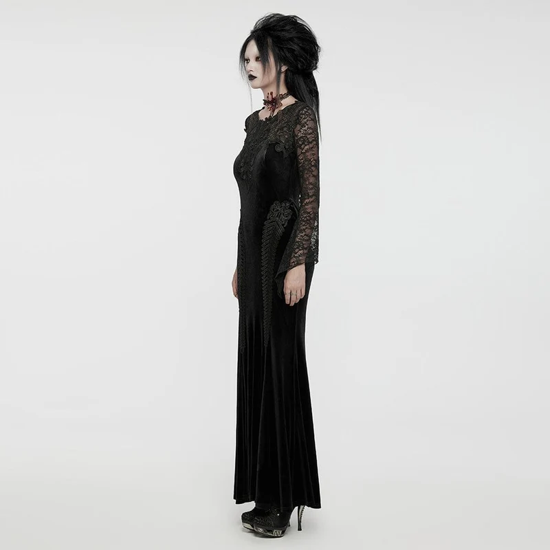Schwarzes, gotisches Samtkleid mit Spitzeneinsatz und Meerjungfrauenschnitt für Damen, ideal für Abschlussball und Hochzeit.