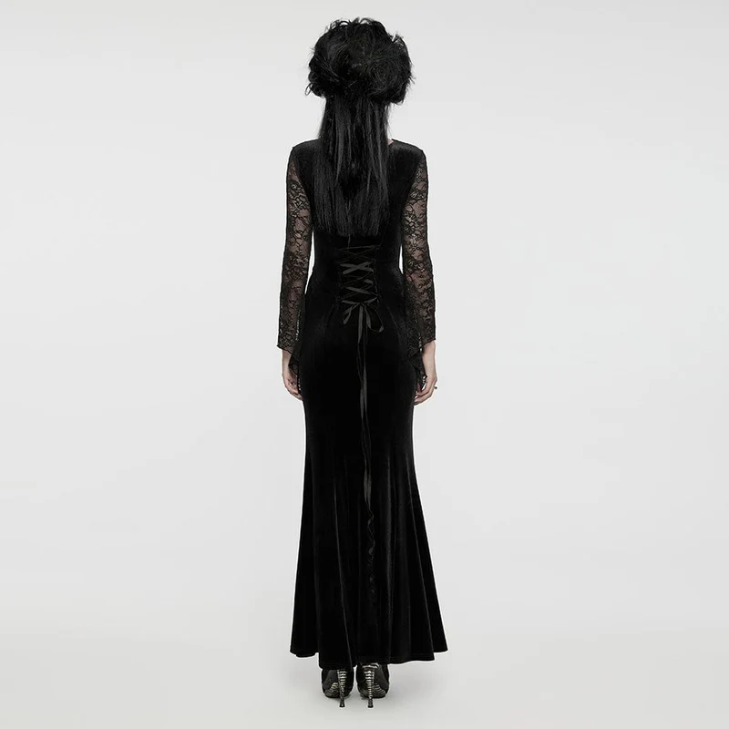 Schwarzes, gotisches Samtkleid mit Spitzeneinsatz und Meerjungfrauenschnitt für Damen, ideal für Abschlussball und Hochzeit.