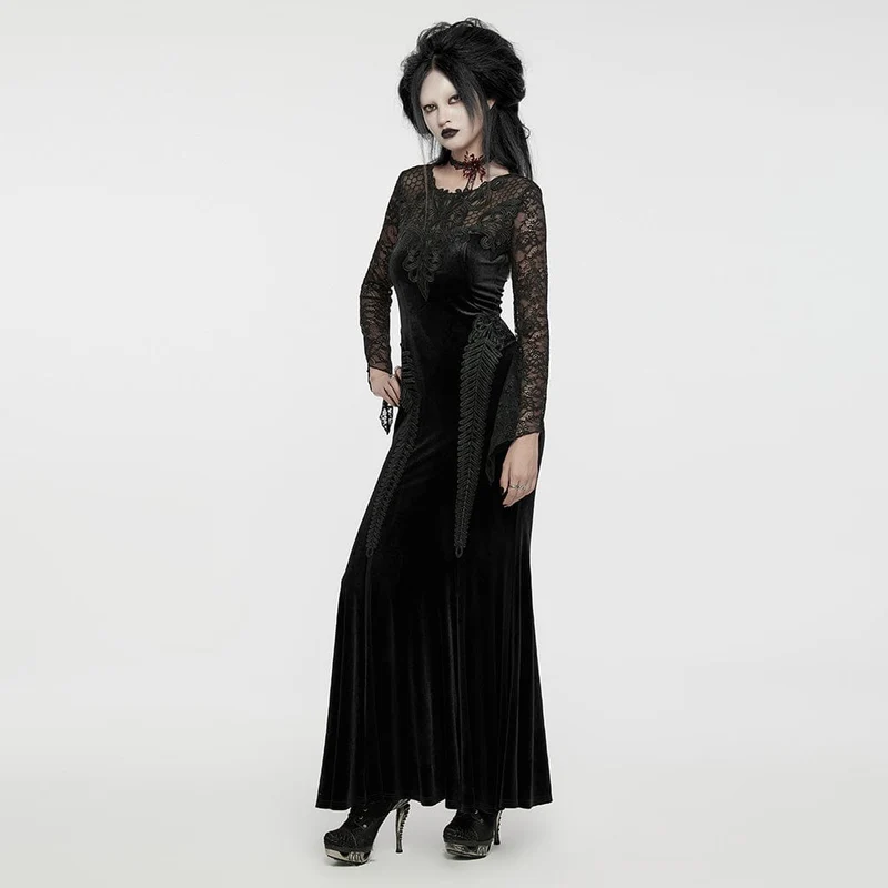 Schwarzes, gotisches Samtkleid mit Spitzeneinsatz und Meerjungfrauenschnitt für Damen, ideal für Abschlussball und Hochzeit.