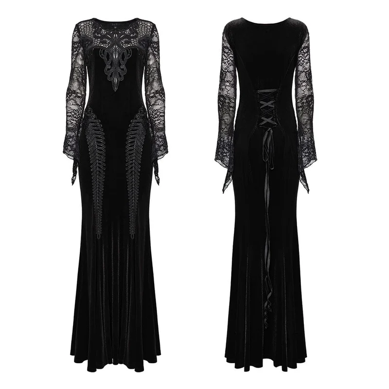 Schwarzes, gotisches Samtkleid mit Spitzeneinsatz und Meerjungfrauenschnitt für Damen, ideal für Abschlussball und Hochzeit.