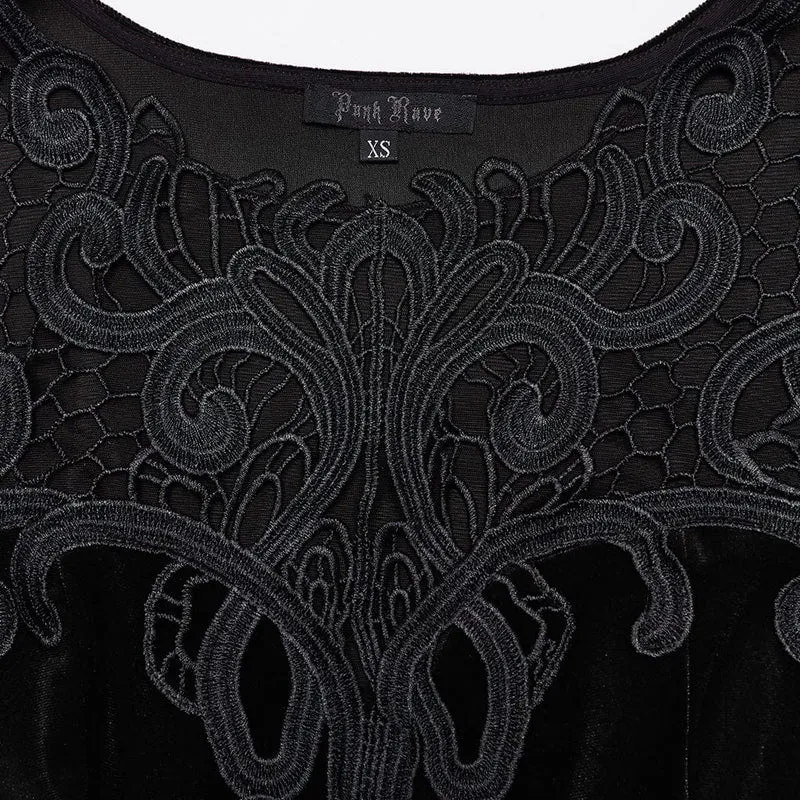 Schwarzes, gotisches Samtkleid mit Spitzeneinsatz und Meerjungfrauenschnitt für Damen, ideal für Abschlussball und Hochzeit.