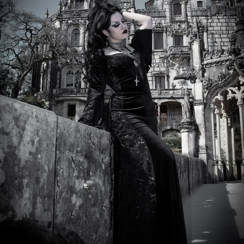 Gothic-Kleid aus Samt mit schulterfreier Spitze für Damen