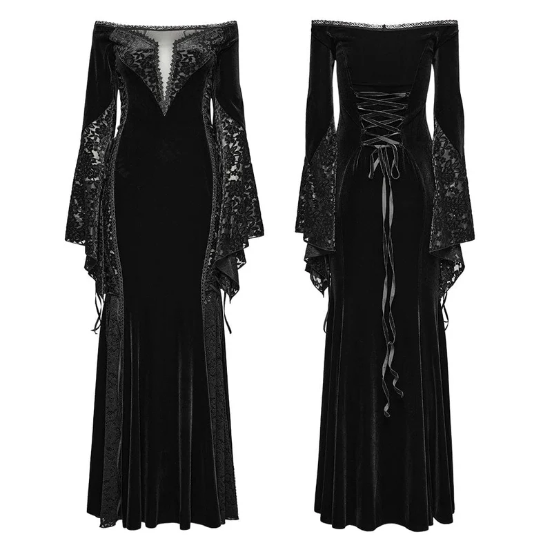 Gothic-Kleid aus Samt mit schulterfreier Spitze für Damen