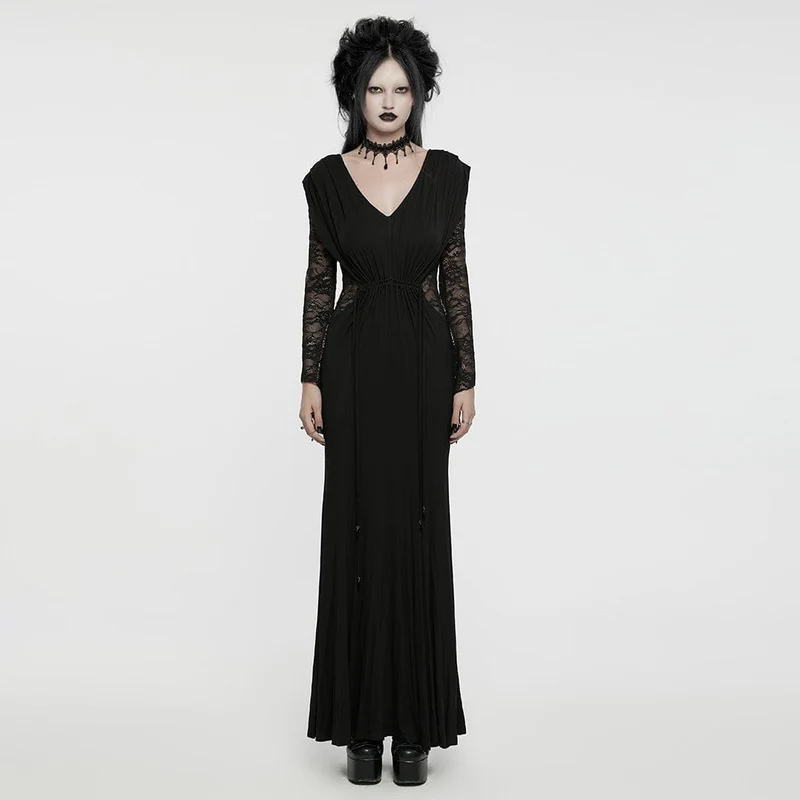 Gothic-Flitterwochenkleid für Damen mit tiefem Ausschnitt, Spitze und Kordelzug
