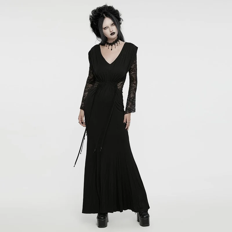 Gothic-Flitterwochenkleid für Damen mit tiefem Ausschnitt, Spitze und Kordelzug