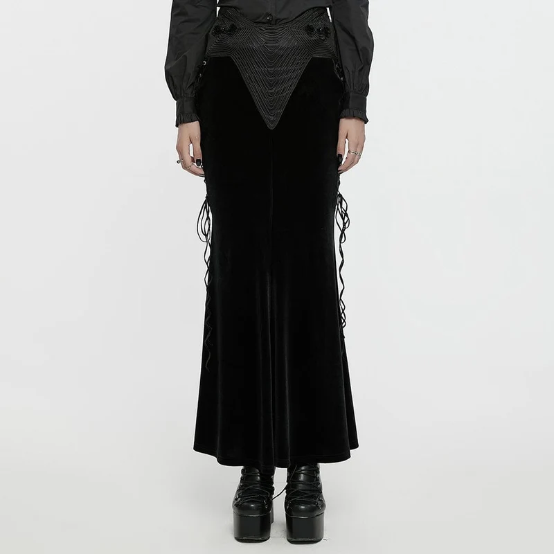 Damen Gothic Rose bestickter Fischschwanz-Samtrock mit Schnürung in Schwarz