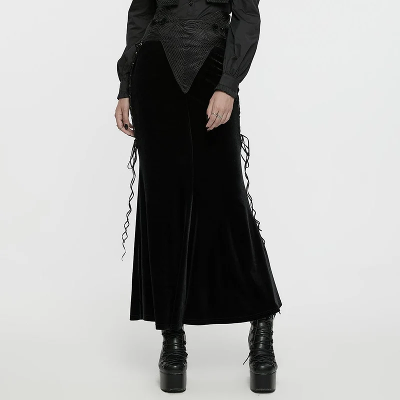 Damen Gothic Rose bestickter Fischschwanz-Samtrock mit Schnürung in Schwarz