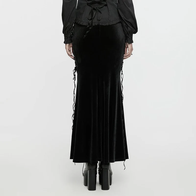 Damen Gothic Rose bestickter Fischschwanz-Samtrock mit Schnürung in Schwarz