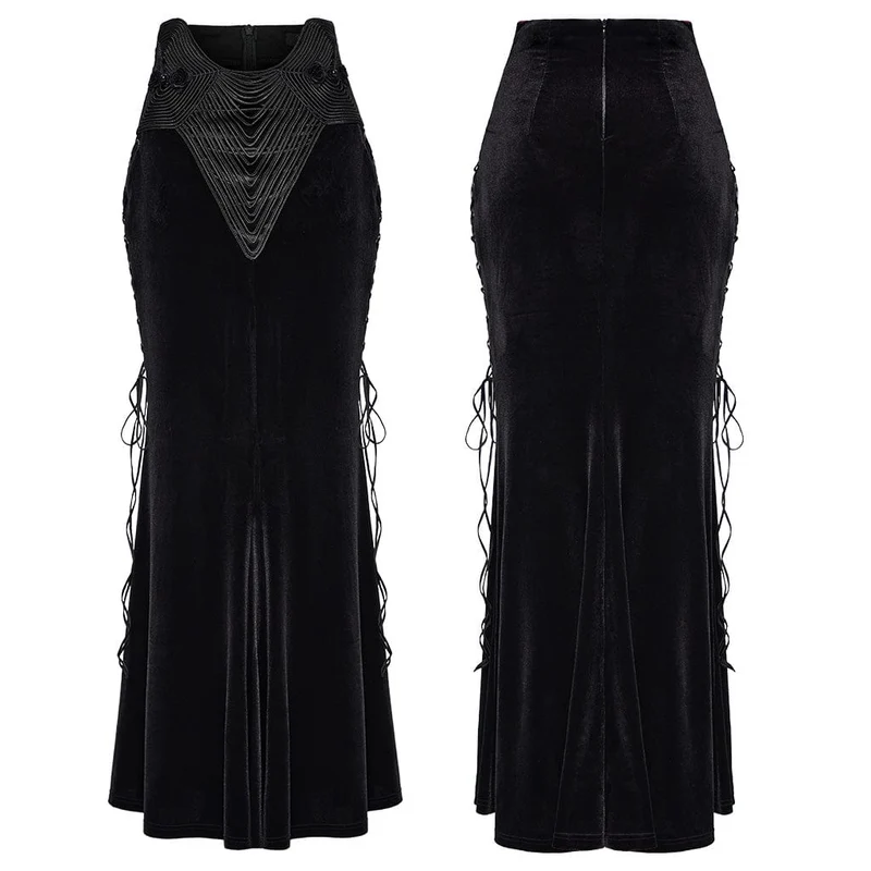 Damen Gothic Rose bestickter Fischschwanz-Samtrock mit Schnürung in Schwarz