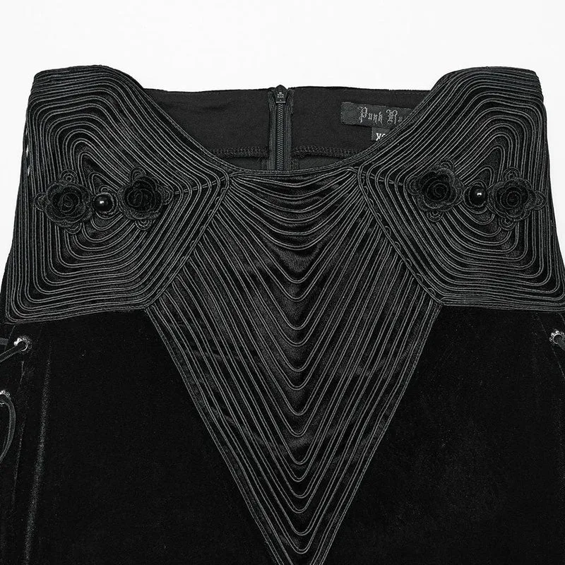 Damen Gothic Rose bestickter Fischschwanz-Samtrock mit Schnürung in Schwarz