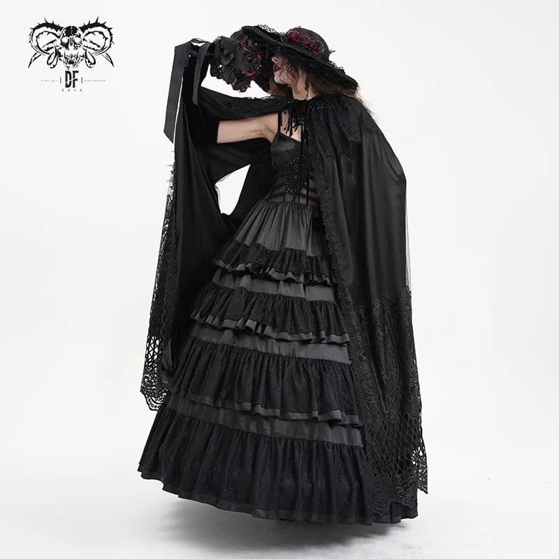 Gothic-Umhang aus Netzstoff mit Spitzenquasten und Kapuze für Damen