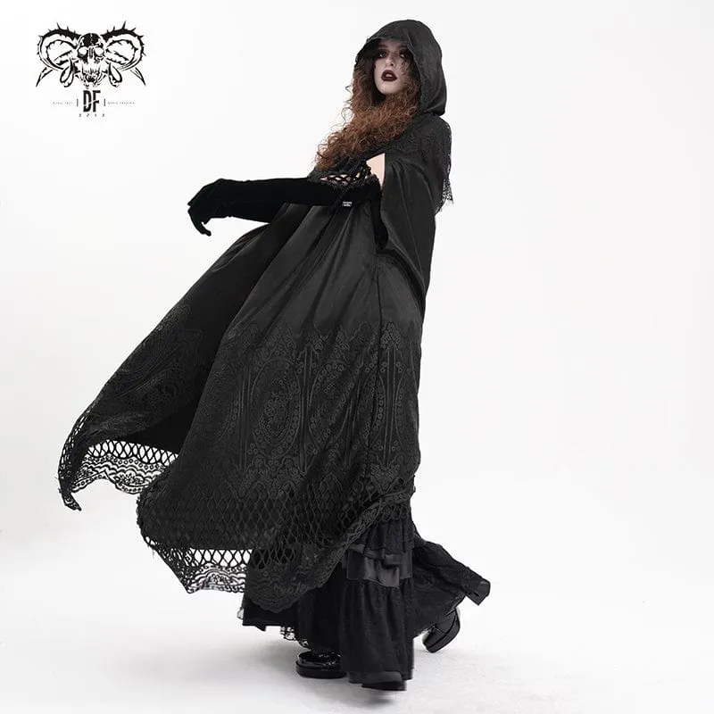 Gothic-Umhang aus Netzstoff mit Spitzenquasten und Kapuze für Damen
