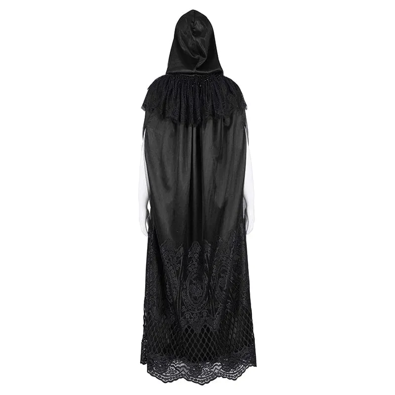 Gothic-Umhang aus Netzstoff mit Spitzenquasten und Kapuze für Damen