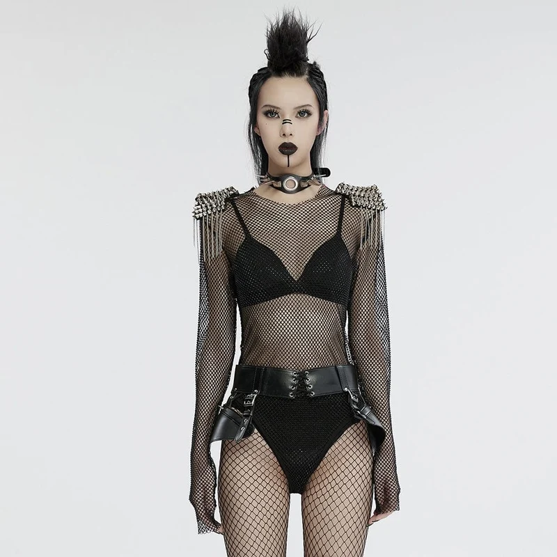 Damen Punk Nieten Quaste Mesh Bodysuit Schwarz