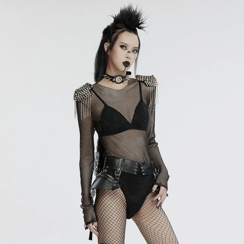 Damen Punk Nieten Quaste Mesh Bodysuit Schwarz