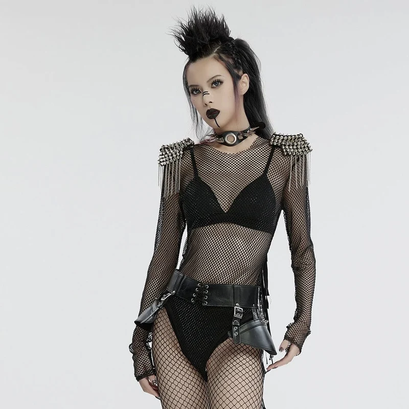 Damen Punk Nieten Quaste Mesh Bodysuit Schwarz