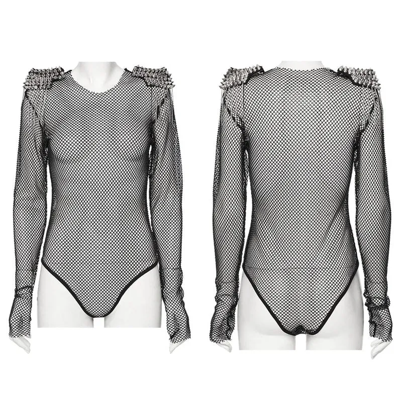 Damen Punk Nieten Quaste Mesh Bodysuit Schwarz
