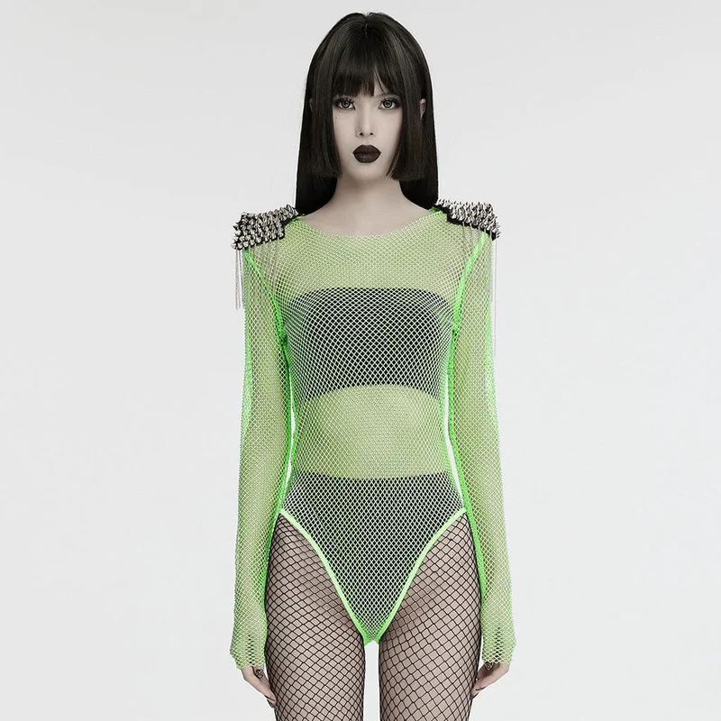 Damen Punk Nieten Quaste Mesh Bodysuit Grün